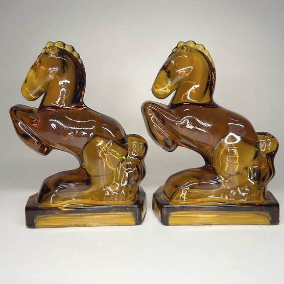Vintage Rare L.E. Smith Amber Satin Glass Rearing Horse Bookends Pair Of 2 MCM - Picture 5 of 13